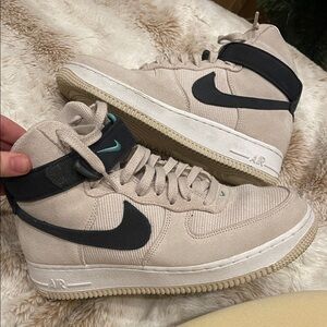Beige High-Top Nike Air Force 1’s with Teal and Black Accents